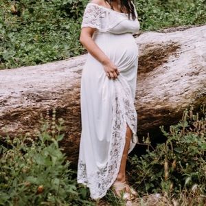 White off the shoulder maternity dress.